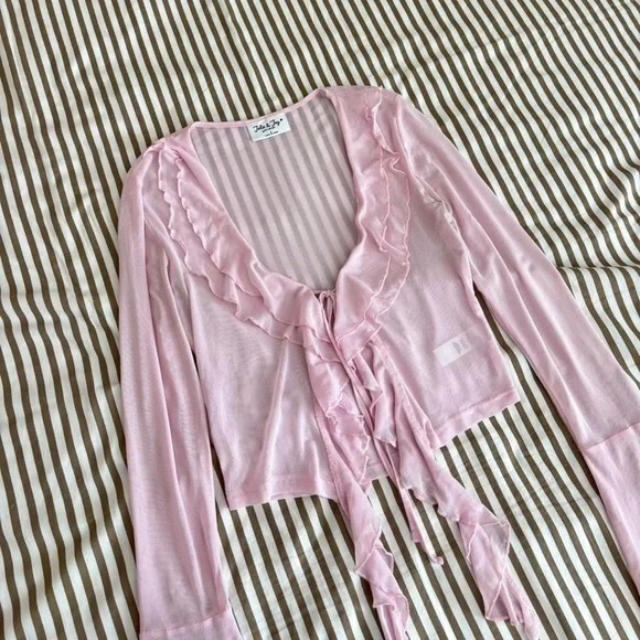 Light Pink Ruffle-Front Long Sleeve Blouse - Picture 2 of 3